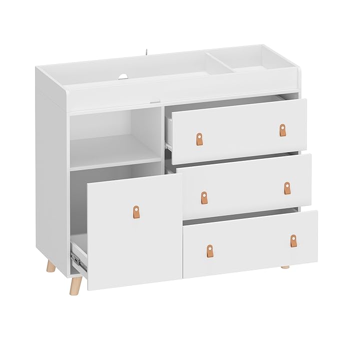 Baby Dresser Changing Table with Drawers,Shelf,Hidden Laundry Basket Storage,2 in 1 Nursery Dresser Chest for Infants, Baby Diaper Changing Station for Daycare,Bedroom,White-CubbioJoy