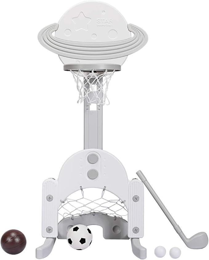 Costzon Kids Basketball Hoop, Toddler Sports Activity Center with 5 Adjustable Height Levels, Basketball Soccer Golf Game Set, Indoor Outdoor Basketball Hoop Set Best Gift for Baby Infant-CubbioJoy