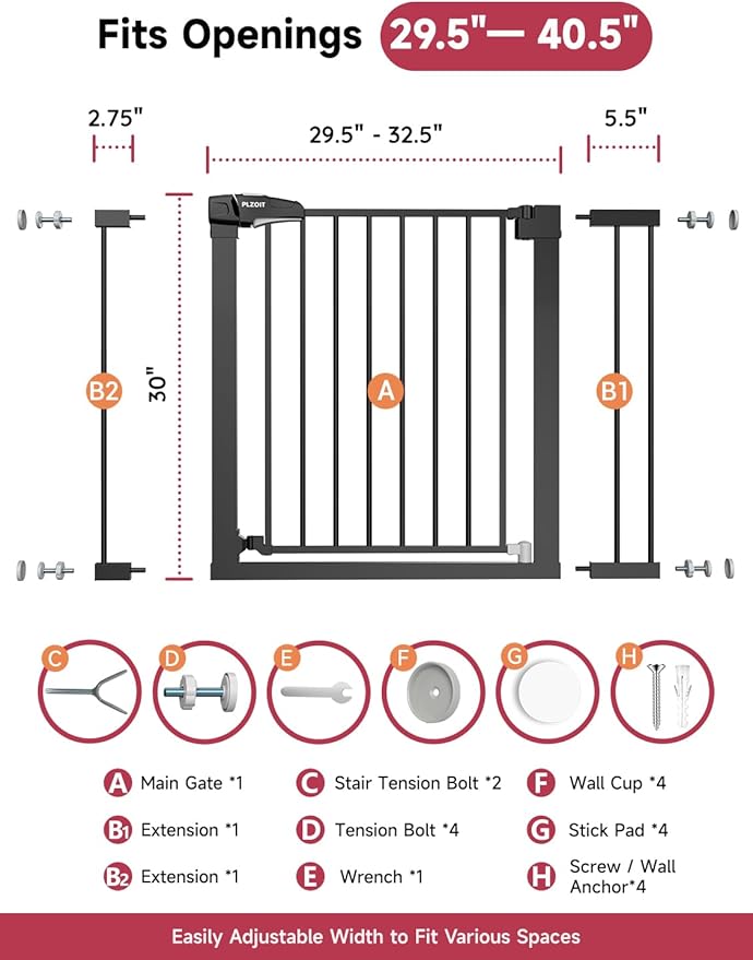 Baby Gate for Stairs, 29.5-40.5" Dog Gate for Doorways, Walk Thru Auto Close Metal Child Gate for The House, Stairs and Doorways, Pressure Mounted Pet Gate for Dog Indoor (Black)-CubbioJoy