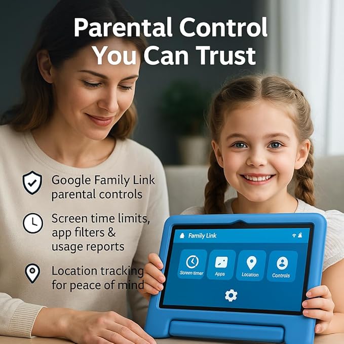 10.1" Kids Tablet Android 14 | 64GB Octa-Core 8GB RAM | Shockproof Case & Parental Control | 12H Fast Charge | HD Display w/Google Kids Space & Educational Apps | WiFi 6/Bluetooth/GPS | Ages 3-12-CubbioJoy