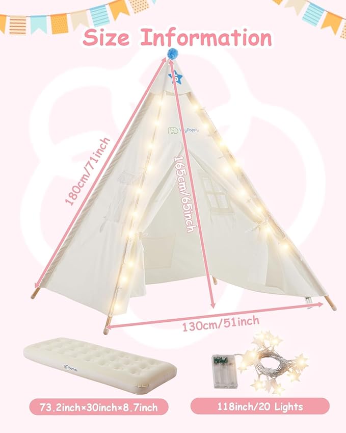 6 Pack Teepee Tent for Kids with Inflatable Airbed, Light, Toddler Tent Children Room Tents, Slumber Party Sleepover Tents, Indoor Outdoor Kids Playtent Playhouse for Girls & Boys-CubbioJoy