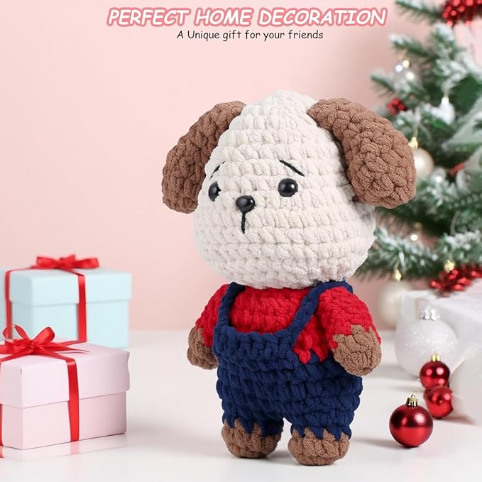 Crochet Animal Kit – 10in Adorable DOG, Amigurumi Crochet Kit For Intermediate Advanced Level, Kids Knitting Kit With Detailed Videos Tutorials, Yarn, Crochet Hook, Best Gift For Crochet Lovers(DOG)-CubbioJoy