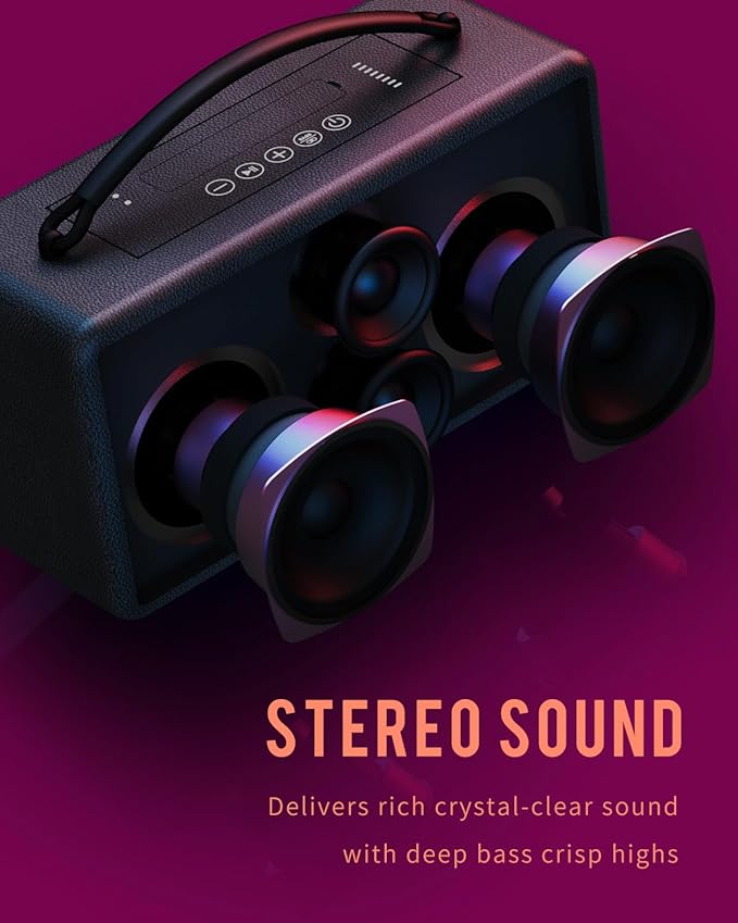 DINDIN Portable Bluetooth Speaker: 80W (Peak), 20H Playtime, Loud Wireless Wood Speakers with Bass, AUX and USB Input, Subwoofer, TWS Pairing, Vintage Speaker for Outdoor, Home, Office (Black)-CubbioJoy