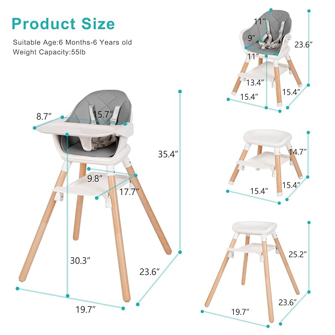 Baby High Chair, 6 in 1 Wooden Convertible High Chairs for Babies and Toddlers, Booster Seat with Double Tray & Reversible Footrest Baby Highchair, 5-Point Harness Baby Feeding Chair, Grey-CubbioJoy