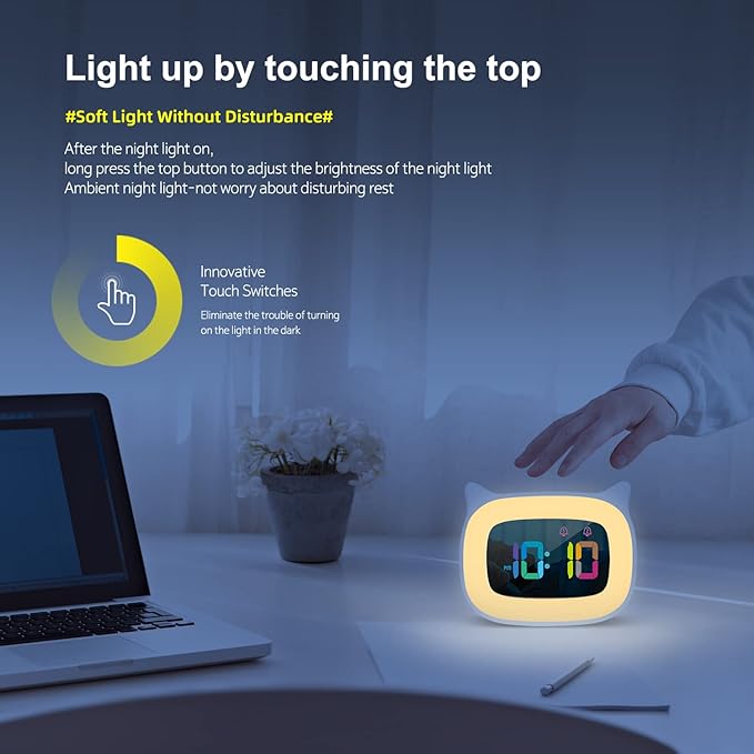 Cute Cat Ear Alarm Clock with RGB 7 Color Night Light & 18 Ringtones,Rechargeable Clock for Kids Bedroom,LED Colorful Digital Display,Bedside Clock for Boys,Girls Birthday Presents(Pink)-CubbioJoy