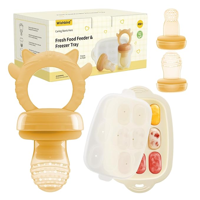 Baby Food Fruit Feeder & Freezer Tray, Auto-Push Fresh Food Feeder Pacifier for Self Feeding, Breastmilk Popsicle Molds for Baby Teething Relief, BPA-Free Silicone, 2 Sizes for 3-12 Months-CubbioJoy