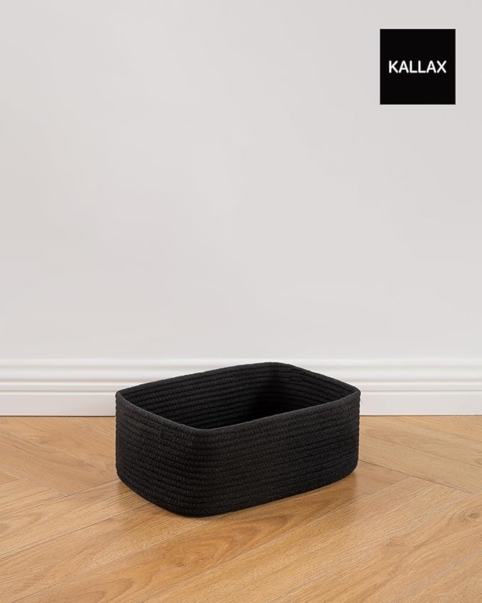 KALLAX Small Woven Basket, 13.5 x 9.5 x 5 Inches, Storage Basket for Organizing, Cute Small Rope Shelf Closet Cube Storage Bins Baskets for Shelves, Dog Toy Gift Baskets Empty, 3 Packs, Black-CubbioJoy
