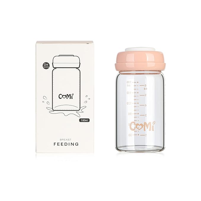 COMI Wide Neck Glass Breastmilk Collection n Storage Bottle, 6oz with Screw Ring Sealing Disk; Re-markable Sealing Disc. BPA Free, Fits Breast Pumps & Nipples (Pink Lids)-CubbioJoy