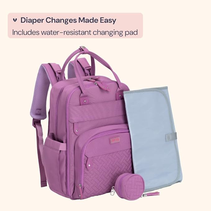 BabbleRoo Diaper Bag Backpack - Baby Essentials Travel Tote - Multi Function Waterproof Diaper Bag, Travel Essentials Baby Bag with Changing Pad, Stroller Straps & Pacifier Case - Unisex, Purple-CubbioJoy