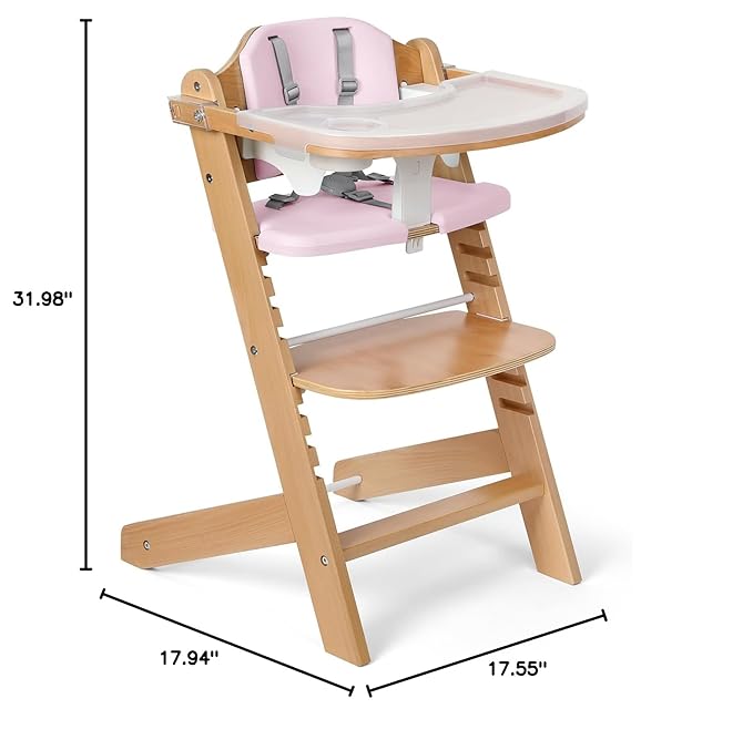 Cowiewie Natural Wooden High Chair for Babies & Toddlers 3-Tier Remove Adjustable Tray and Highchair with Cushions, Easy to Clean, Portable. (Pink)-CubbioJoy