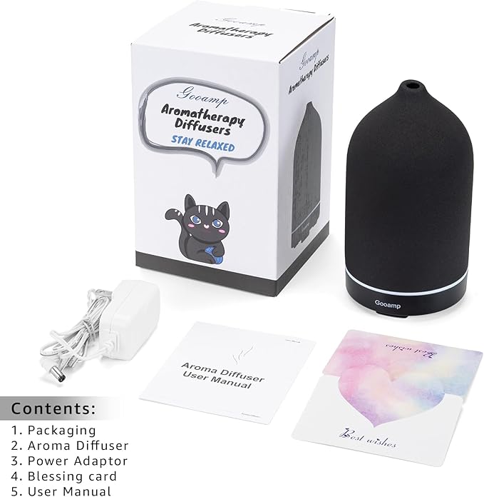 200ML Ceramic Essential Oil Diffuser - Ultrasonic Aromatherapy & Humidifier with 7-Color LED Lights, Auto Shut-Off, Black, 1H/3H/6H Timer | Scent for Home, Office, Yoga-CubbioJoy