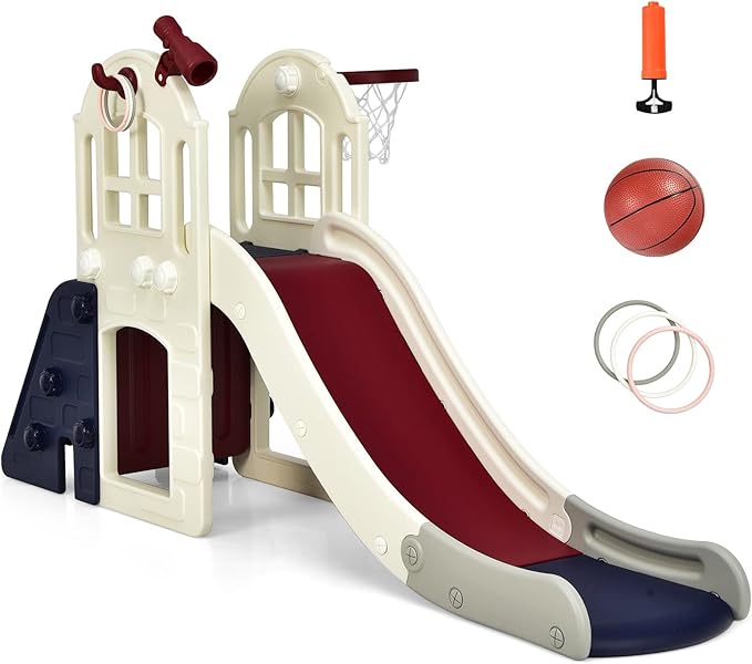 BABY JOY Toddler Large Slide, 6 in 1 Slide for Kids with Basketball Hoop, Ring Toss, 2 in 1 Convertible Climbing Way, Freestanding Kids Slide Climber Set for Indoors Outdoor Boys Girls Gifts Present-CubbioJoy
