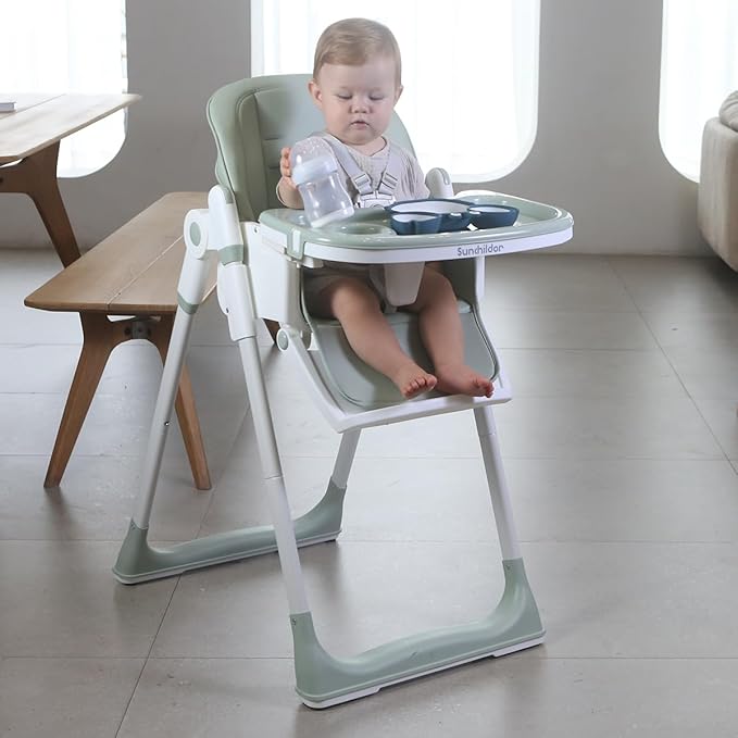 3 in 1 Baby High Chair with Wheels, Adjustable 5 Point Harness, Tray, Foot Rest, Backrest and Seat Height, Foldable High Chair for Toddlers, Green-CubbioJoy