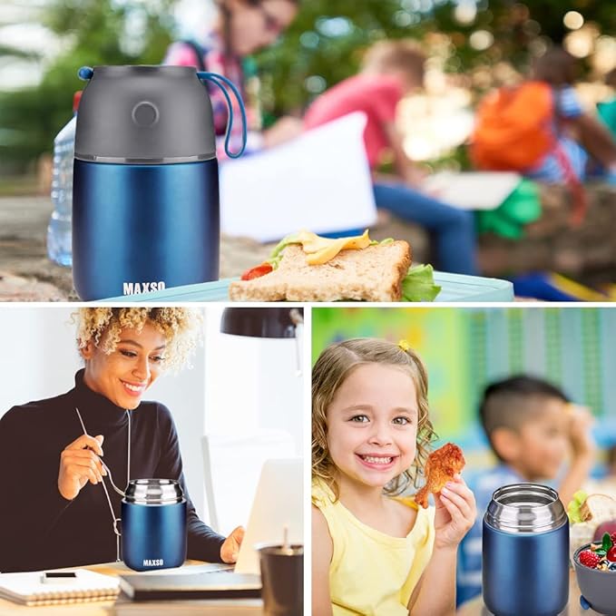Insulated Thermo Food Jar for Hot & Cold Food for Kids Adult, 17&24 oz Soup Thermal Hot Food Containers for Lunch, Triple Layer Insulation Stainless Steel Food Jar with Spoon (2 Pack Blue)-CubbioJoy