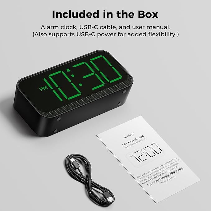 Battery Operated Digital Clock: Cordless Small Alarm Clock for Bedroom Travel - Large Numbers 4 Dimmers for All Ages Green Digits-CubbioJoy