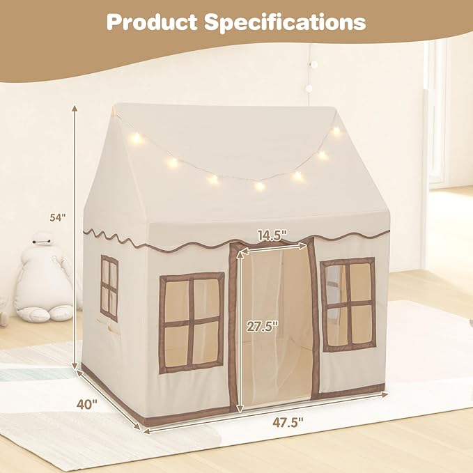 INFANS Kids Play Tent with Washable Mat Star Light Windows, Anti-Trip Large Playhouse Toys for Children Boys Girls, Indoor Outdoor Princess Tents Castle for Toddlers (Beige)-CubbioJoy