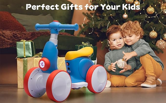 6V Electric Baby Balance Bike with Bubble Machine,4 in 1 Toddler Balance Bike w/Remote for 1 Year Old Boys Girls Kids Bubble Bike Ride on Toys w/Powered Motor,Music,LED Lights (Blue&Red)-CubbioJoy