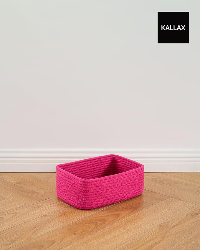 KALLAX Small Woven Basket, 12 x 8 x 4.5 Inches, Storage Basket for Organizing, Cute Small Rope Shelf Closet Cube Storage Bins Baskets for Shelves, Dog Toy Gift Baskets Empty, 3 Packs, Hot Pink-CubbioJoy