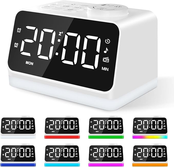 JALL Digital Alarm Clock with FM Radio for Bedroom, 8 Colors Night Light with 2 Charging Port, Sleep Sound Machines with Timer, Dual Alarm, Loud Alarm and Easy to Use for Seniors and Kids as Gift-CubbioJoy