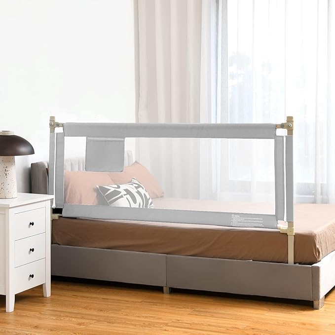 BABY JOY Bed Rail for Toddlers, 69’’ Extra Long, Height Adjustable & Foldable Baby Bed Rail Guard w/Storage Pocket & Double Safety Child Lock for Kids Twin Double Full Size Queen King Mattress (Gray)-CubbioJoy