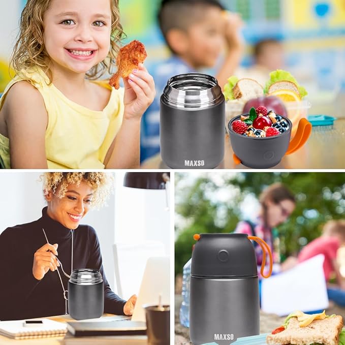 Insulated Thermo Food Jar for Hot & Cold Food for Kids Adult, 17&24 oz Soup Thermal Hot Food Containers for Lunch, Triple Layer Insulation Stainless Steel Food Jar with Spoon (2 Pack Grey)-CubbioJoy