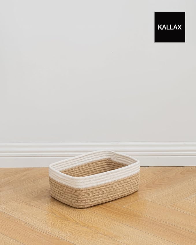 KALLAX Small Woven Basket, 12 x 8 x 4.5 Inches, Storage Basket for Organizing, Cute Small Rope Shelf Closet Cube Storage Bins Baskets for Shelves, Dog Toy Gift Baskets Empty, 3 Pack White & Brown-CubbioJoy