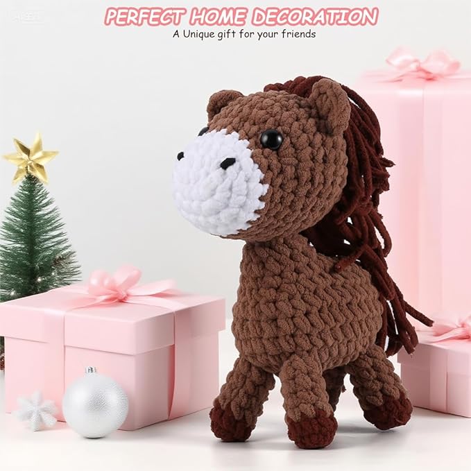 Crochet Animal Kit–10in Big Adorable HORSE, Amigurumi Crochet Kit For Intermediate Advanced level, Kids Knitting Kit With Detailed Videos Tutorials, Yarn, Crochet Hook, Best Gift For Crochet Lovers-CubbioJoy