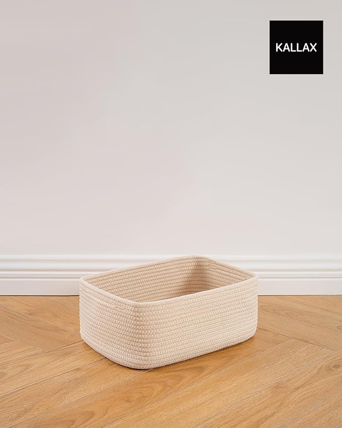 KALLAX Small Woven Basket, 13.5 x 9.5 x 5 Inches, Storage Basket for Organizing, Cute Small Rope Shelf Closet Cube Storage Bins Baskets for Shelves, Dog Toy Gift Baskets Empty, 3 Packs, Beige-CubbioJoy