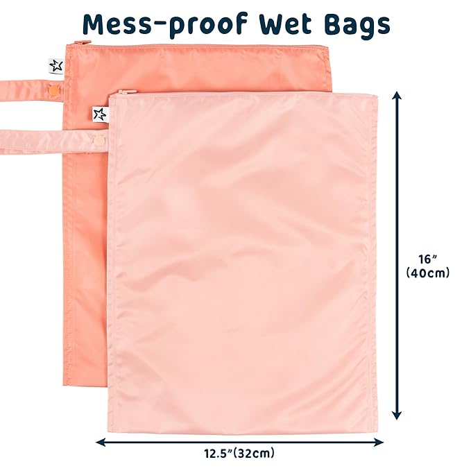 Tiny Twinkle Mess-Proof Waterproof Wet Dry Bag | 2-Pack Reusable Wet Bags for Swimsuits & Baby Clothes | Leakproof Wet Bag for Travel & Diaper Changes for Baby (Peach, Terracotta)-CubbioJoy