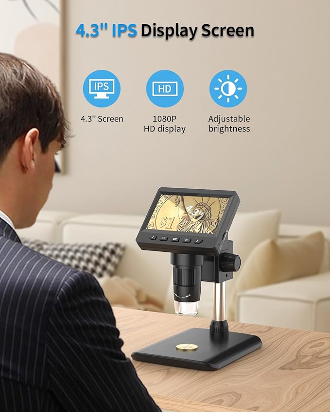 Digital Microscope, Coin Microscope with Light Adjustable Brightness 4.3" HD LCD Screen, 1000X Zoom PC View, Compatible with MacOS & Windows - Black-CubbioJoy