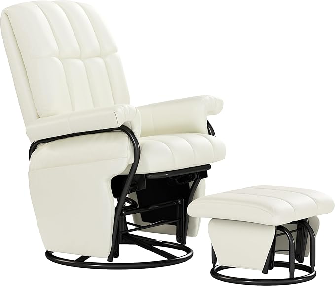 AODAILIHB Swivel Glider Recliner with Ottoman, 360 Rocking Chair with Foot Rest Recliner Chair Indoor Rocking Chair with Side Pockets Nursery Chairs for Living Room, Bedroom, Office (White)-CubbioJoy