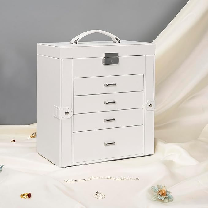 AKOZLIN 5-Tier Jewelry Box Lockable Leather Jewelry Storage Case with 4 Drawers for Women Girls Ring Necklace Earring Bracelet Watches Holder Organizer with Mirror-CubbioJoy