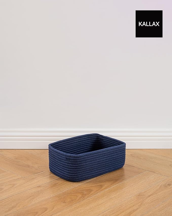 KALLAX Small Woven Basket, 12 x 8 x 4.5 Inches, Storage Basket for Organizing, Cute Small Rope Shelf Closet Cube Storage Bins Baskets for Shelves, Dog Toy Gift Baskets Empty, 3 Packs, Navy Blue-CubbioJoy