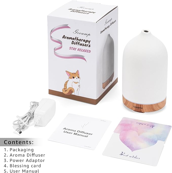 200ML Ceramic Essential Oil Diffuser - Ultrasonic Aromatherapy & Humidifier with 7-Color LED Lights, Auto Shut-Off, Wood Grain Base, 1H/3H/6H Timer | Scent for Home, Office, Yoga-CubbioJoy