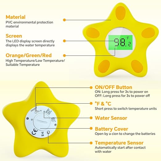 Baby Bath Thermometer, Infant Digital Water Thermometer Safety with 3 Color Backlit and Temperature Warning, Room Thermometers Floating Toy for Infant, Toddler, Bathtub, Swimming Pool (Yellow)-CubbioJoy