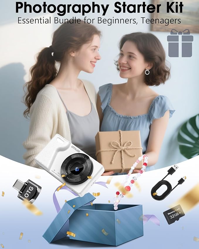 Digital Camera with Front Rear Lens, Autofocus 64MP 4K Camera for Photography with 32GB Card, Portable Compact Point and Shoot Camera for Teens Adult Beginner with Metal Shell, 2000mAh Battery-CubbioJoy