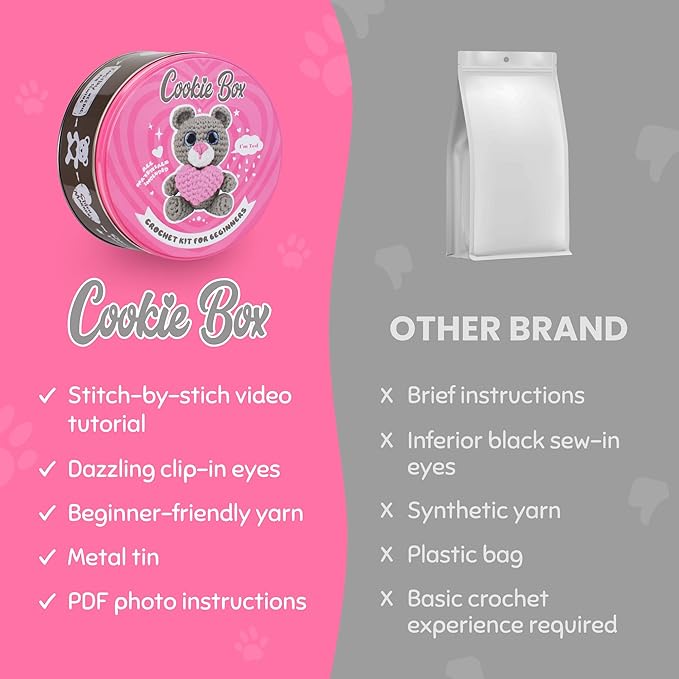 Cookie Box Crochet Kit for Beginners - Learn to Craft Amigurumi Stuffed Animals - Knitting Gift for Kids and Adults - Beginner-Friendly Yarn - Stitch-by-Stitch Video Tutorial - Bear Ted-CubbioJoy