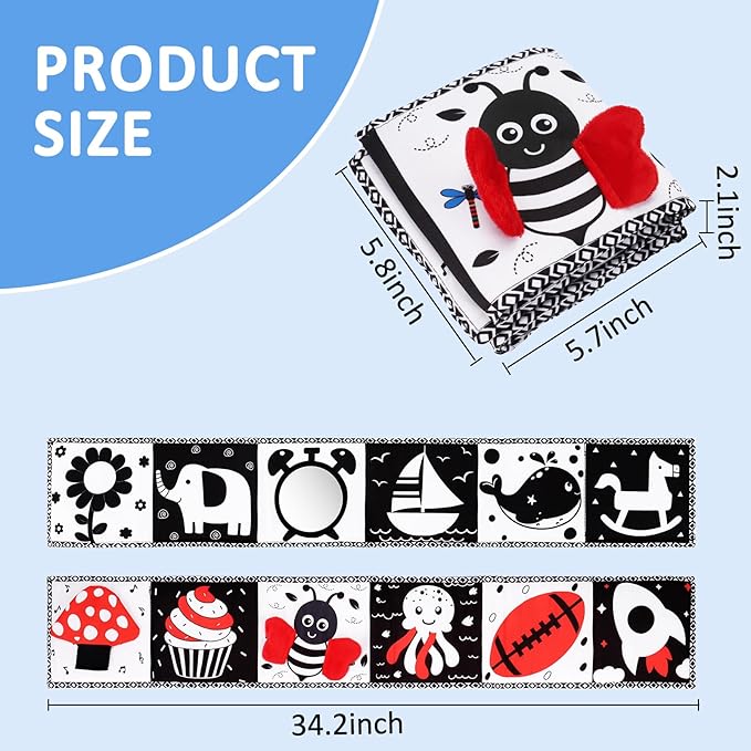 Black and White High Contrast Toys for Baby 0-3 3-6 Months Infant Tummy Time Soft Book Sensory Musical Toy 0-2-4-6 Month Babies Brain Development Montessori Crinkle Book Mirror Newborn Shower Gifts-CubbioJoy