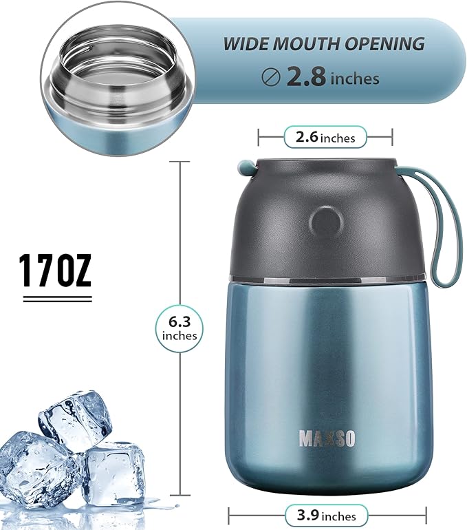 Insulated Thermo Food Jar for Hot & Cold Food for Kids Adult, 17 oz Soup Thermal Hot Food Containers for Lunch, Triple Layer Insulation Stainless Steel Food Jar with Spoon (Lightblue)-CubbioJoy