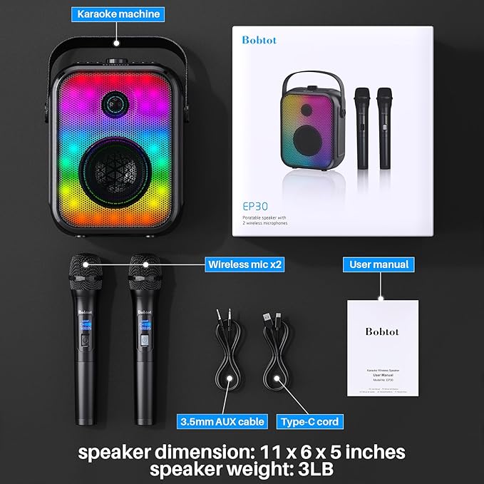 Karaoke Machine, Portable Bluetooth Speaker with 2 Wireless Karaoke Microphones, Karaoke Machine for Adults Kids with Subwoofer, LED Light Support TWS/FM/USB/AUX for Home Party Outdoor-CubbioJoy