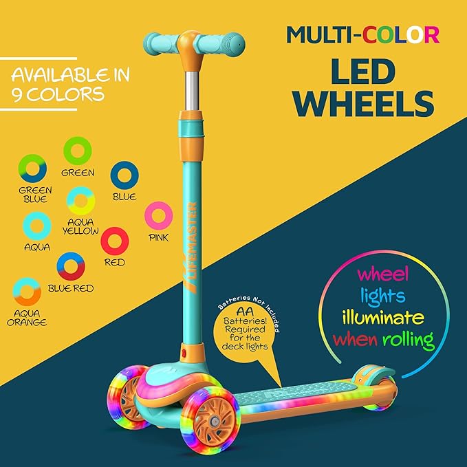 3-Wheel Kids Scooter with Multi-Color Lights on Deck & Wheels – 5-Height Adjustable Handlebar, Wide Anti-Slip Deck, Child Safety Certified, Boys & Girls Ages 3+ Supports Up to 150 lbs-CubbioJoy