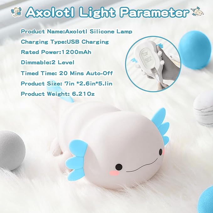 Axolotl Night Light,Cute Axolotl Lamp,Food Grade Silicone Nursery Nightlight,Rechargeable/Dimmable LED Squishy Novelty Animal Bedside Touch Lamp,Baby Room Decor, Axolotl Gifts for Kids/Boys-CubbioJoy