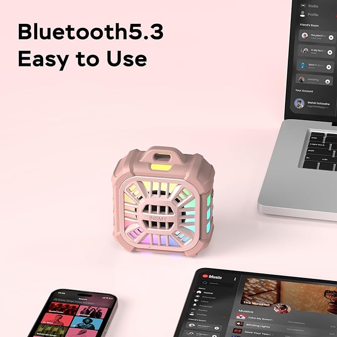INSMY IP67 Waterproof Bluetooth Speaker, Shower Speaker Portable Small Clip-on, Multi Sync 100+ Speakers, Big Volume Booming Bass, 24H Playtime/Floatable/RGB Lights for Outdoor/Kayak/Beach(Pink)-CubbioJoy