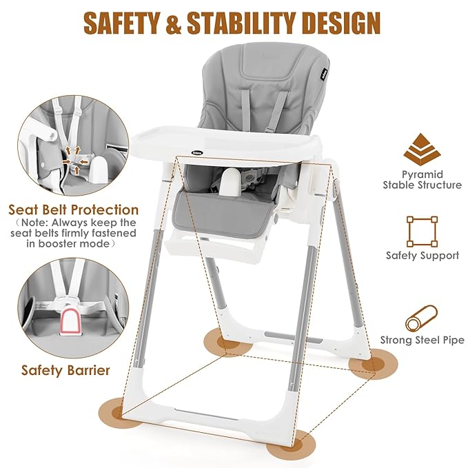 INFANS High Chair for Babies & Toddlers, Foldable Highchair with Multiple Adjustable Backrest Footrest Seat Height, Removable Tray, Detachable PU Leather Cushion Wheels (with Booster, Light Grey)-CubbioJoy