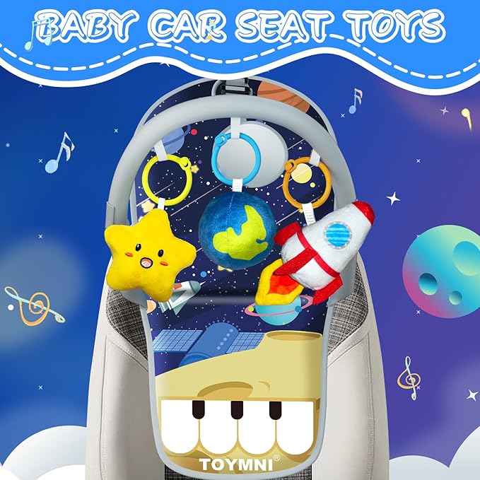 Car Seat Toys for Baby Infant 6 Months and Up, Carseat Toys with Musical Pedal Piano, Baby Mirror and Hanging Squeaky Sensory Soft Baby Toys 6 to 12 Months, Baby Car Toys Rear Facing-CubbioJoy