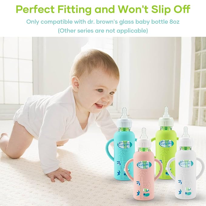 4 Pack Silicone Sleeves for Dr. Brown's Glass Baby Bottles, Anti Breakage Durable Baby Bottle Holder with Easy Grip Handles, Narrow Sleeve with a Cutout, Dishwasher/Freezer/Microwave Safe, 8 oz-CubbioJoy