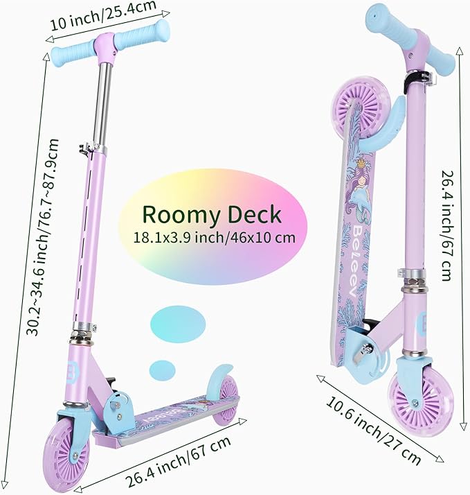 BELEEV V2 Scooters for Kids with Light-Up Wheels & Stem & Deck, 2 Wheel Folding Scooter for Girls Boys, 3 Adjustable Height, Non-Slip Pattern Deck, Lightweight Kick Scooter for Children Ages 3-12-CubbioJoy