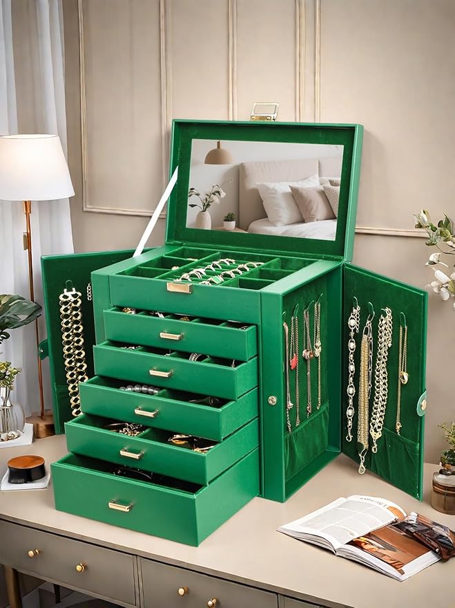 BOOVO Jewelry Box For women, 6 Layer Large Jewelry Organizer With Mirror, Multi-Function Storage Box With Lock, Necklace Holder With 5 Drawers, For Earrings Necklace Bracelet (Green and Gold)-CubbioJoy