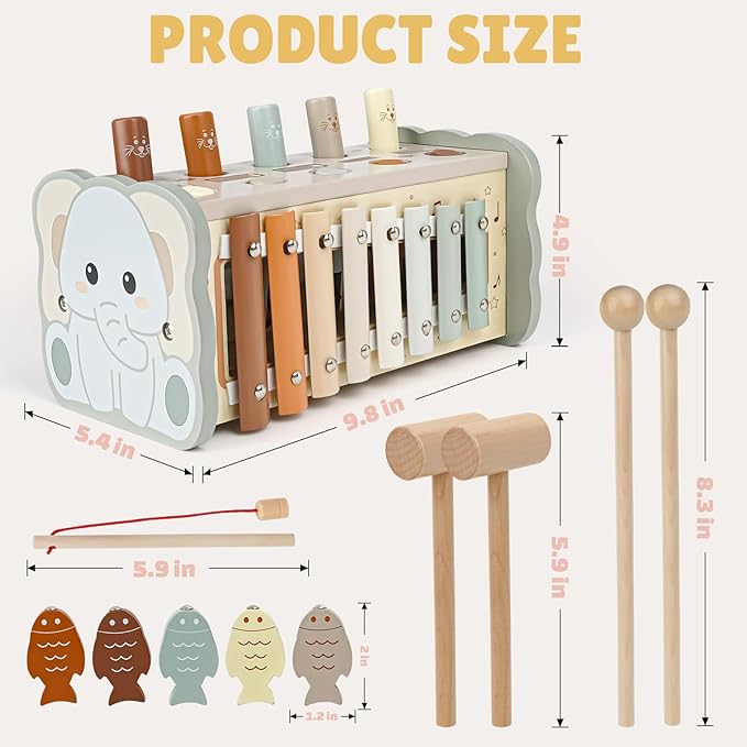 Joyreal Wooden Montessori Toys for 1 Year Old - Hammering Pounding Toy with Xylophone & Fishing Game - Educational Toddler Activities for 1 2 3 Year Old Christmas Birthday Gifts-CubbioJoy