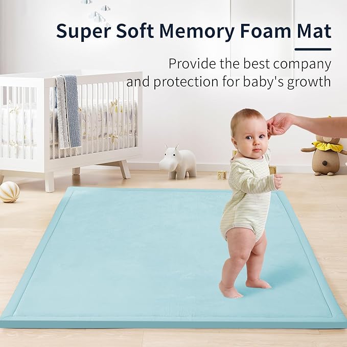ACOMOPACK Baby Play Mat for Floor 1.3" Thick Memory Foam Play Mat 59"×71" Tummy Time Crawling with Non-Slip Bottom for Living Room,Nursery,Soft Velvet Playpen Mats for Kids,Infants(Light Blue)-CubbioJoy